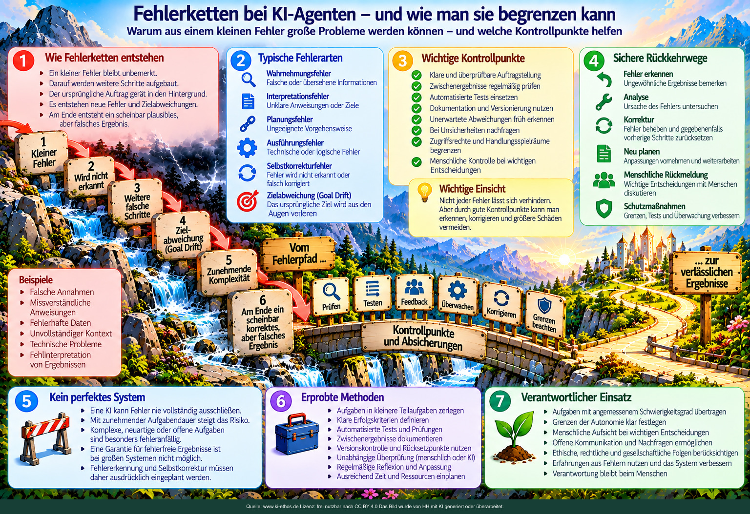 Infografik mit sich fortpflanzender Fehlerkette links und Kontrollbrücke zum verlässlichen Ergebnis rechts. Infografik mit sich fortpflanzender Fehlerkette links und Kontrollbrücke zum verlässlichen Ergebnis rechts.