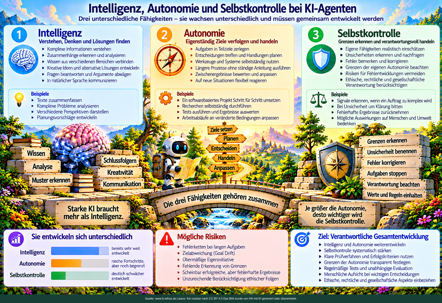 Drei farbige Felder stellen Intelligenz, Autonomie und Selbstkontrolle nebeneinander und zeigen ihren gemeinsamen Beitrag zu verantwortlicher KI-Arbeit. Drei farbige Felder stellen Intelligenz, Autonomie und Selbstkontrolle nebeneinander und zeigen ihren gemeinsamen Beitrag zu verantwortlicher KI-Arbeit.