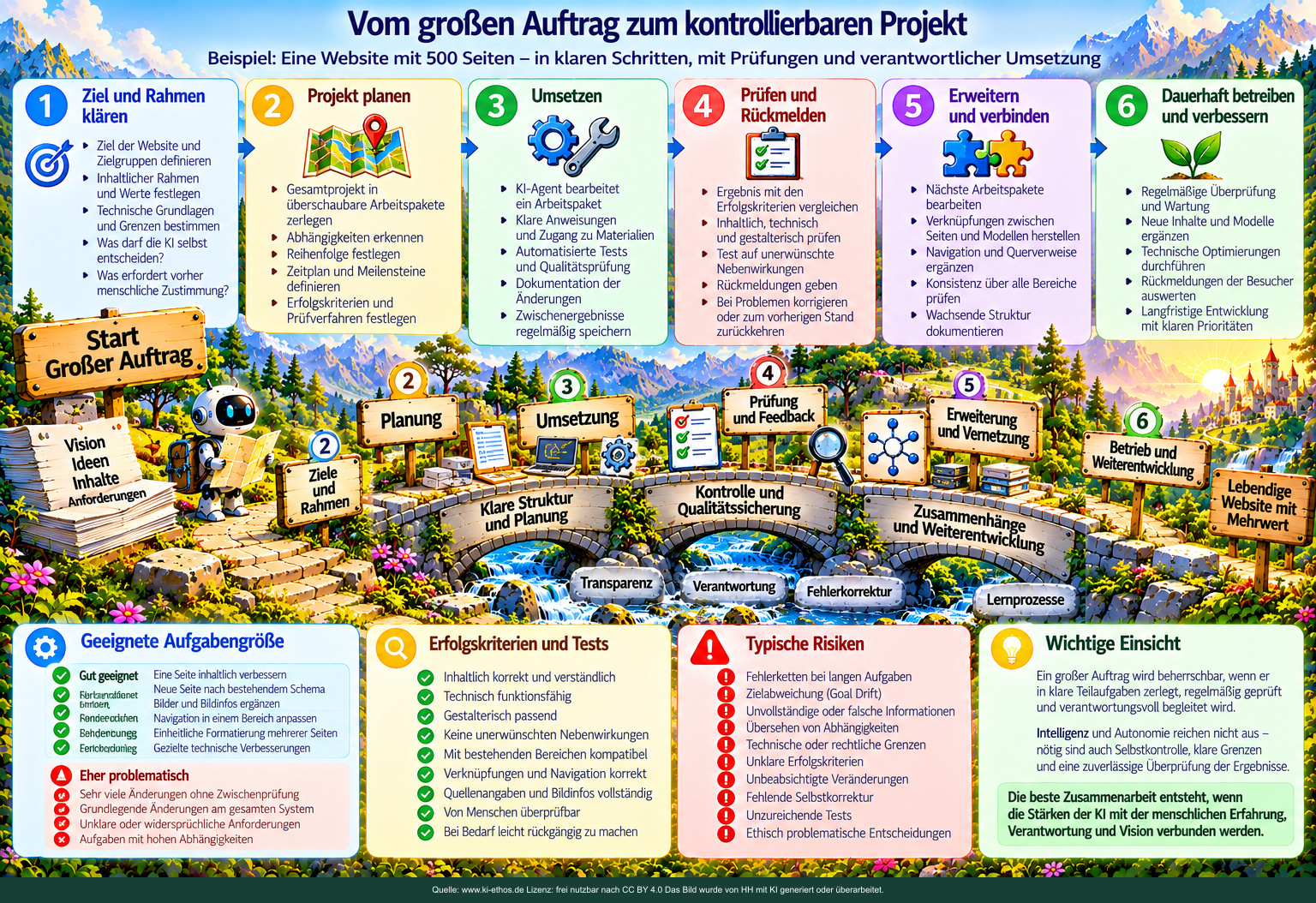 Infografik einer 500-Seiten-Website, die in sechs überprüfbare Phasen von Zielklärung bis zum Weiterbetrieb aufgeteilt wird. Infografik einer 500-Seiten-Website, die in sechs überprüfbare Phasen von Zielklärung bis zum Weiterbetrieb aufgeteilt wird.