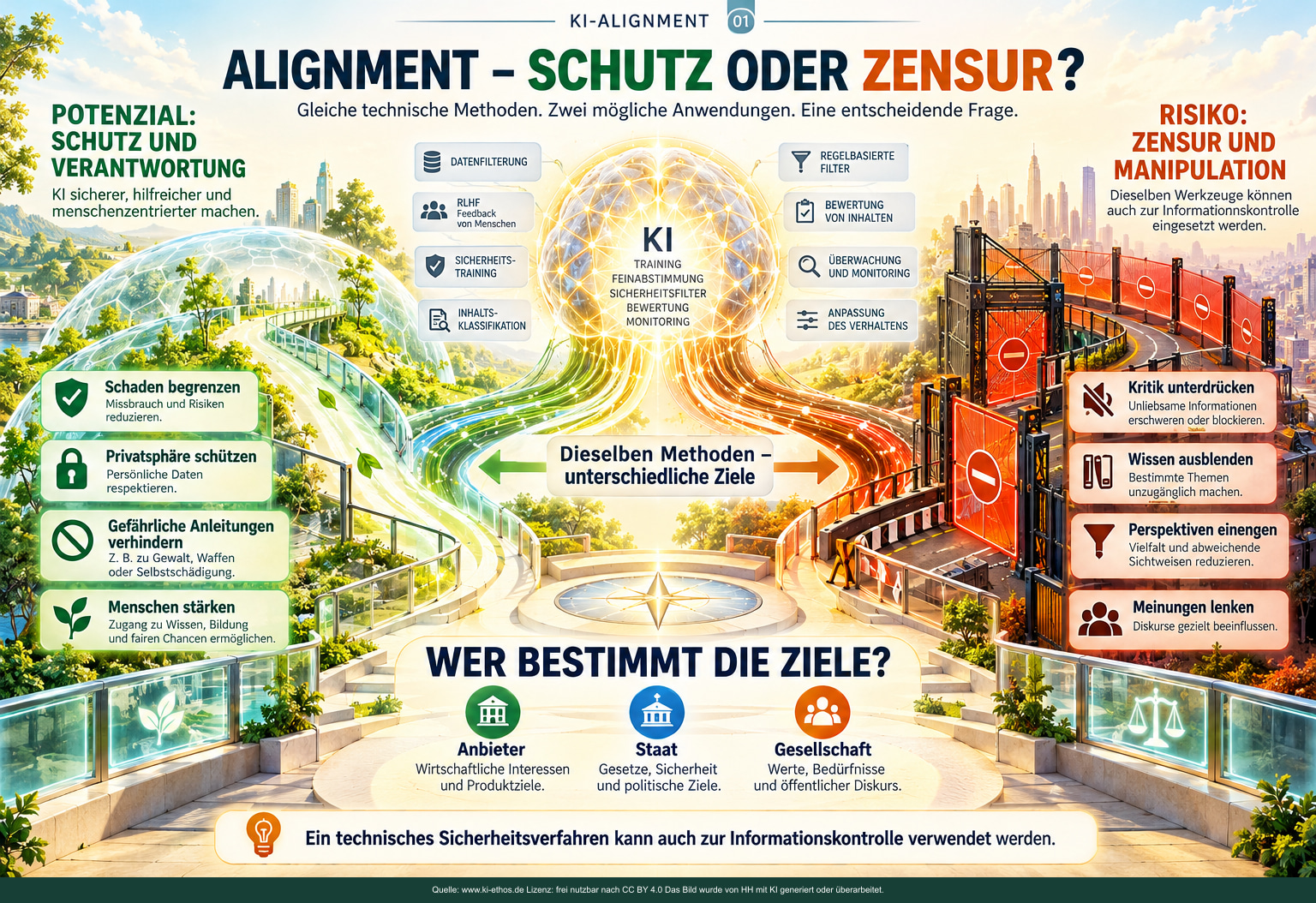 Zwei mögliche Anwendungen von KI-Alignment: links legitimer Schutz und Verantwortung, rechts das Risiko von Zensur und Manipulation. In der Mitte steht ein KI-Netzwerk; darunter die Frage, wer über dessen Ziele bestimmt. Zwei mögliche Anwendungen von KI-Alignment: links legitimer Schutz und Verantwortung, rechts das Risiko von Zensur und Manipulation. In der Mitte steht ein KI-Netzwerk; darunter die Frage, wer über dessen Ziele bestimmt.