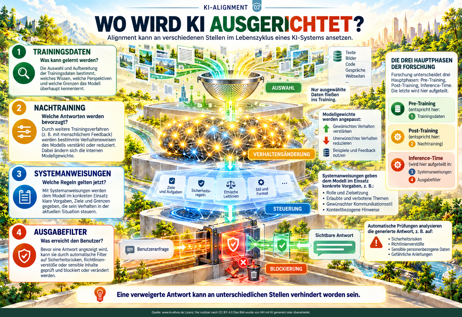 Vier Eingriffspunkte im KI-Lebenszyklus: Trainingsdaten, Nachtraining, Systemanweisungen und Ausgabefilter. Ein Datenstrom führt über Modelländerungen und Regelsteuerung bis zur sichtbaren Antwort. Vier Eingriffspunkte im KI-Lebenszyklus: Trainingsdaten, Nachtraining, Systemanweisungen und Ausgabefilter. Ein Datenstrom führt über Modelländerungen und Regelsteuerung bis zur sichtbaren Antwort.