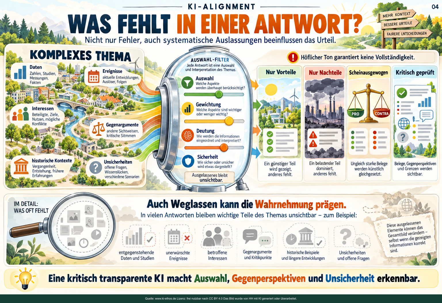Ein komplexes Thema fließt durch eine Auswahl-Linse mit den Reglern Auswahl, Gewichtung, Deutung und Sicherheit. Vier Ergebnisfenster illustrieren einseitige Vorteile, einseitige Nachteile, Scheinausgewogenheit und kritische Prüfung. Ein komplexes Thema fließt durch eine Auswahl-Linse mit den Reglern Auswahl, Gewichtung, Deutung und Sicherheit. Vier Ergebnisfenster illustrieren einseitige Vorteile, einseitige Nachteile, Scheinausgewogenheit und kritische Prüfung.