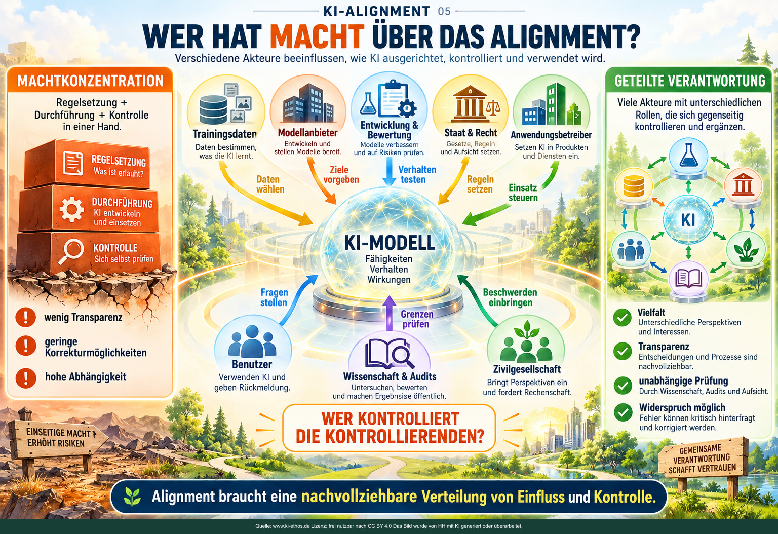 Ein gläsernes KI-Modell wird von Trainingsdaten, Modellanbietern, Entwicklung, Staat, Anwendungsbetreibern, Benutzern, Wissenschaft und Zivilgesellschaft beeinflusst. Zwei Randspalten stellen Machtkonzentration und geteilte Verantwortung gegenüber. Ein gläsernes KI-Modell wird von Trainingsdaten, Modellanbietern, Entwicklung, Staat, Anwendungsbetreibern, Benutzern, Wissenschaft und Zivilgesellschaft beeinflusst. Zwei Randspalten stellen Machtkonzentration und geteilte Verantwortung gegenüber.