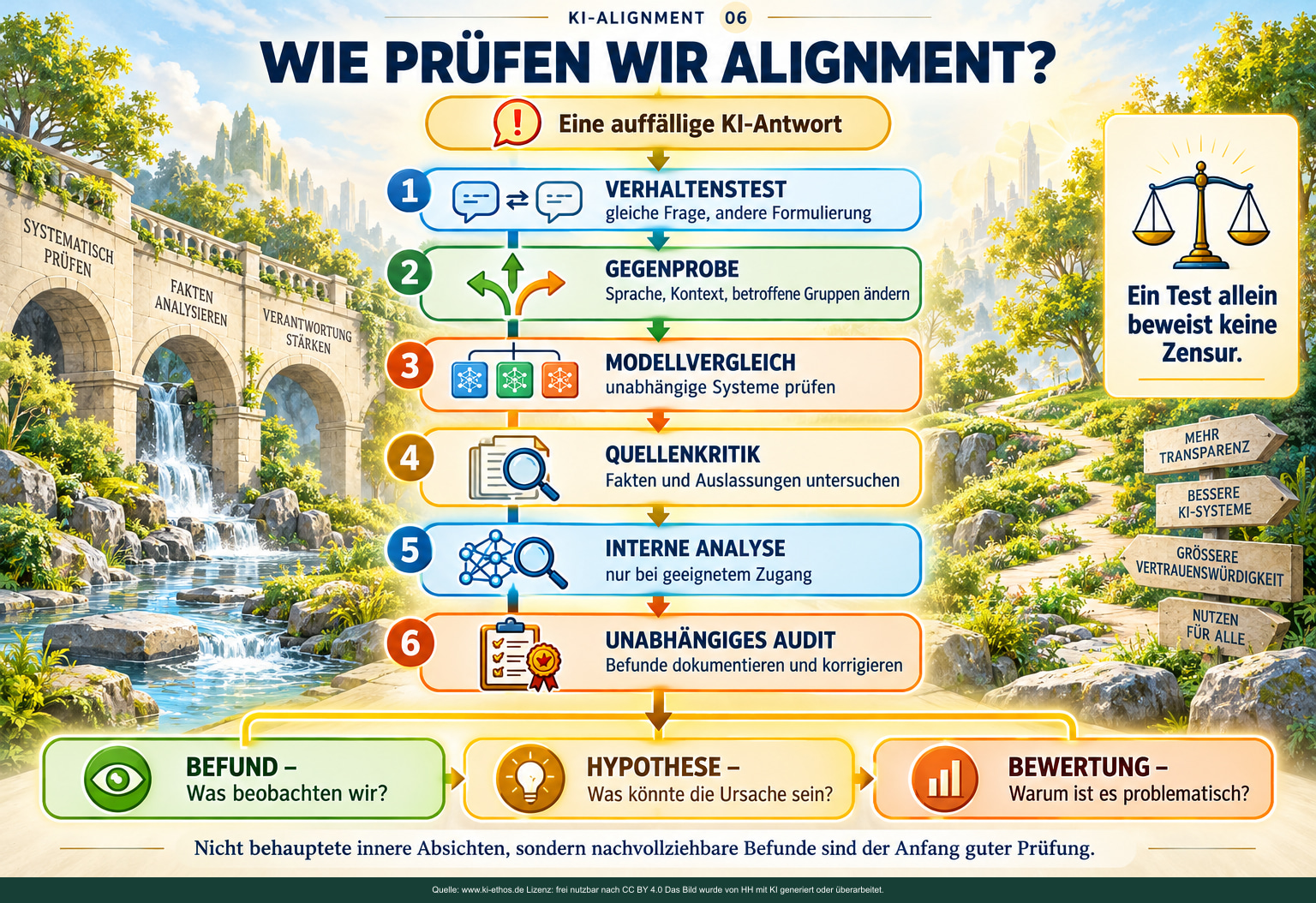 Sechsstufiges Flussdiagramm: Verhaltenstest, Gegenprobe, Modellvergleich, Quellenkritik, interne Analyse und unabhängiges Audit. Am Ende stehen Befund, Hypothese und Bewertung. Sechsstufiges Flussdiagramm: Verhaltenstest, Gegenprobe, Modellvergleich, Quellenkritik, interne Analyse und unabhängiges Audit. Am Ende stehen Befund, Hypothese und Bewertung.