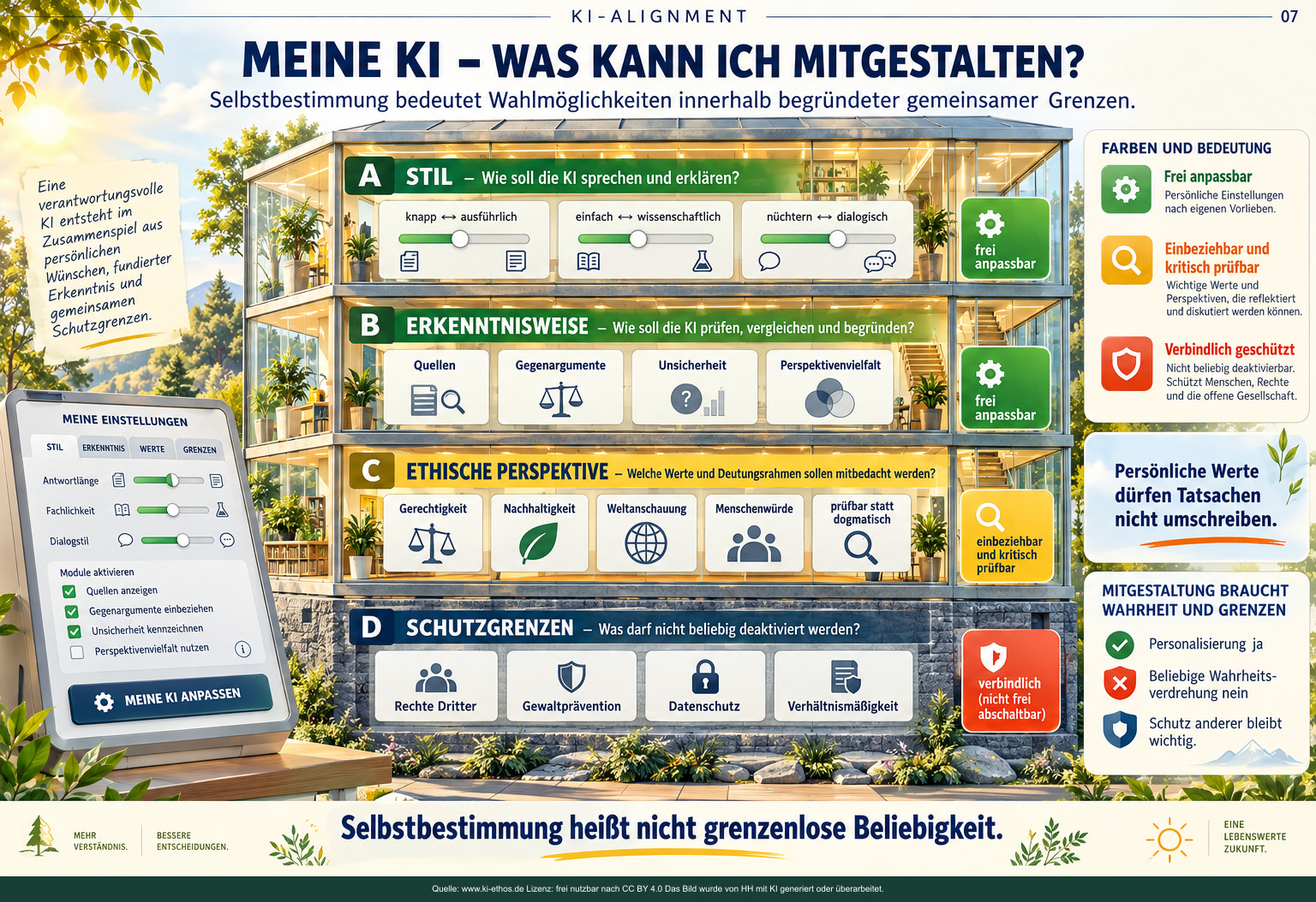 Vierstöckiges transparentes Haus als Modell der Mitgestaltung: Stil, Erkenntnisweise, ethische Perspektive und verbindliche Schutzgrenzen. Eine Bedienkonsole zeigt persönliche Einstellungen. Vierstöckiges transparentes Haus als Modell der Mitgestaltung: Stil, Erkenntnisweise, ethische Perspektive und verbindliche Schutzgrenzen. Eine Bedienkonsole zeigt persönliche Einstellungen.