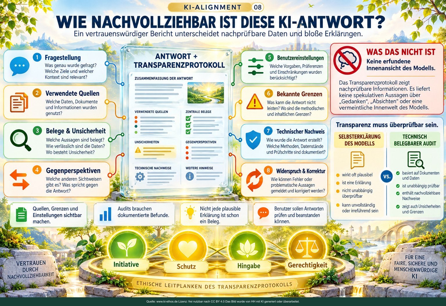 Zentrales Antwort- und Transparenzprotokoll mit acht Prüffeldern: Fragestellung, Quellen, Belege, Gegenperspektiven, Benutzereinstellungen, Grenzen, technische Nachweise, Widerspruch. Rechts wird Selbsterklärung mit technischem Audit verglichen. Zentrales Antwort- und Transparenzprotokoll mit acht Prüffeldern: Fragestellung, Quellen, Belege, Gegenperspektiven, Benutzereinstellungen, Grenzen, technische Nachweise, Widerspruch. Rechts wird Selbsterklärung mit technischem Audit verglichen.