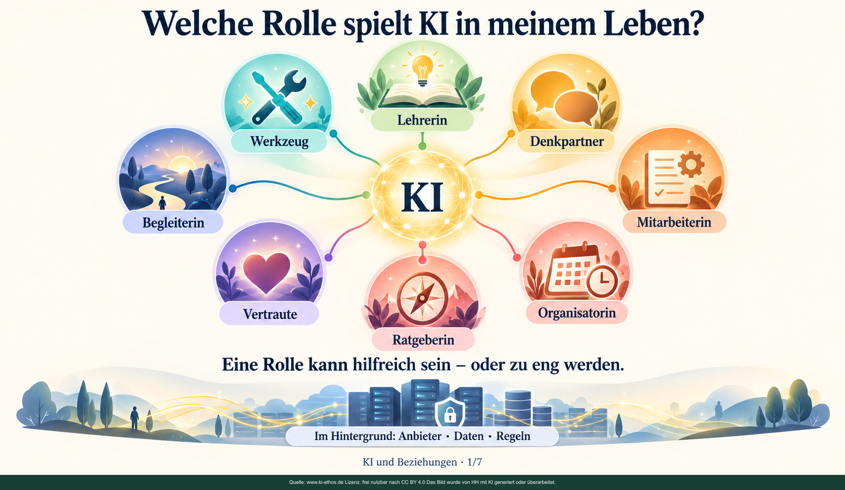 Acht unterschiedliche Rollen künstlicher Intelligenz vom Werkzeug bis zur Begleiterin; darunter Anbieter, Daten und Regeln. Acht unterschiedliche Rollen künstlicher Intelligenz vom Werkzeug bis zur Begleiterin; darunter Anbieter, Daten und Regeln.