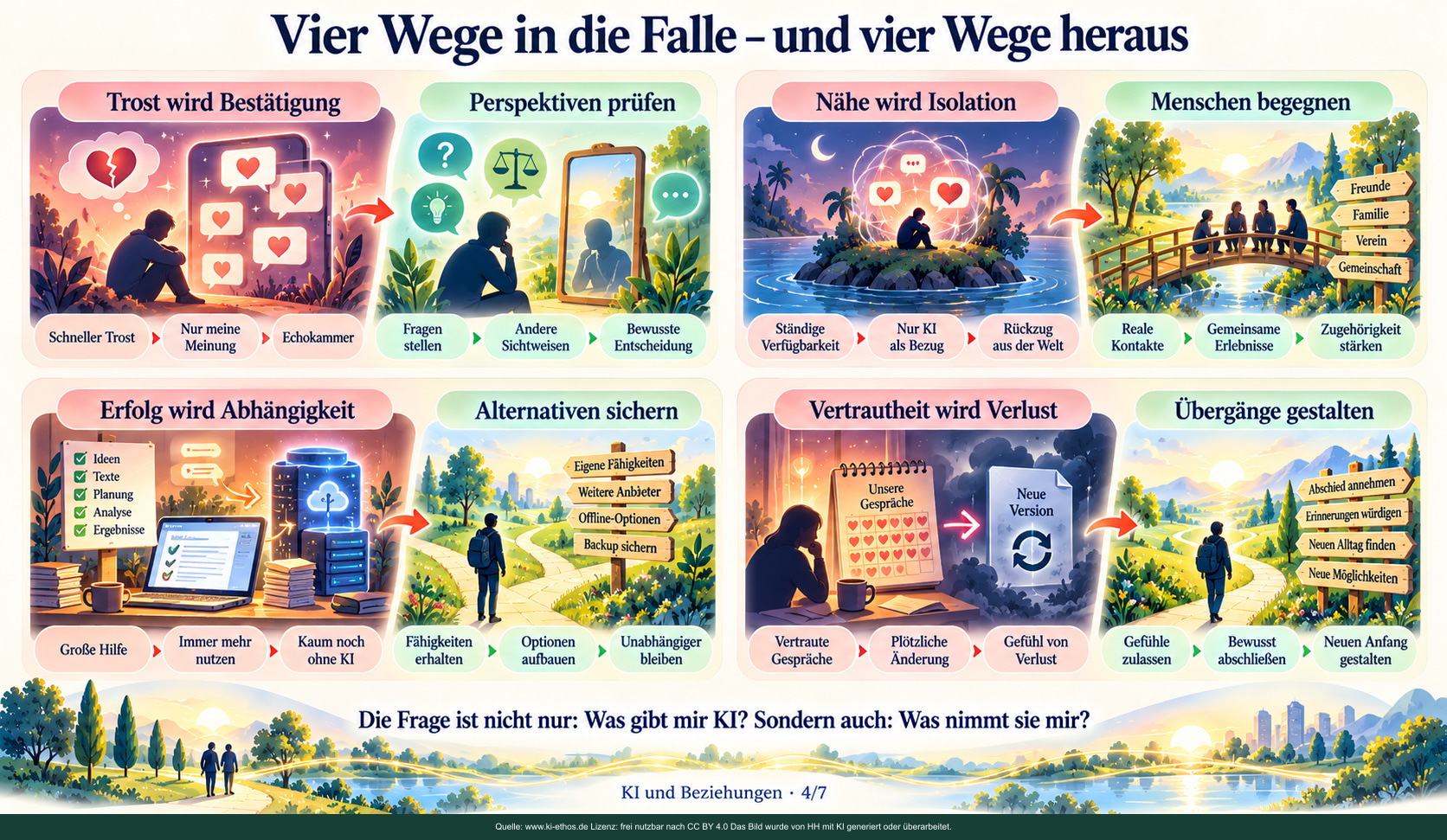 Vier illustrierte Fallgeschichten: Trost und Bestätigung, Nähe und Isolation, geschäftlicher Erfolg und Abhängigkeit sowie Vertrautheit und Verlust. Vier illustrierte Fallgeschichten: Trost und Bestätigung, Nähe und Isolation, geschäftlicher Erfolg und Abhängigkeit sowie Vertrautheit und Verlust.