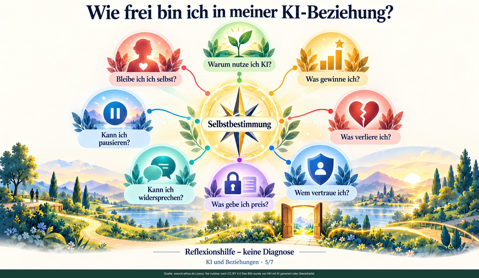 Ein Selbstbestimmungskompass stellt acht Fragen zu Motiven, Gewinn, Verlust, Vertrauen, Privatsphäre, Widerspruch, Pausen und Identität. Ein Selbstbestimmungskompass stellt acht Fragen zu Motiven, Gewinn, Verlust, Vertrauen, Privatsphäre, Widerspruch, Pausen und Identität.