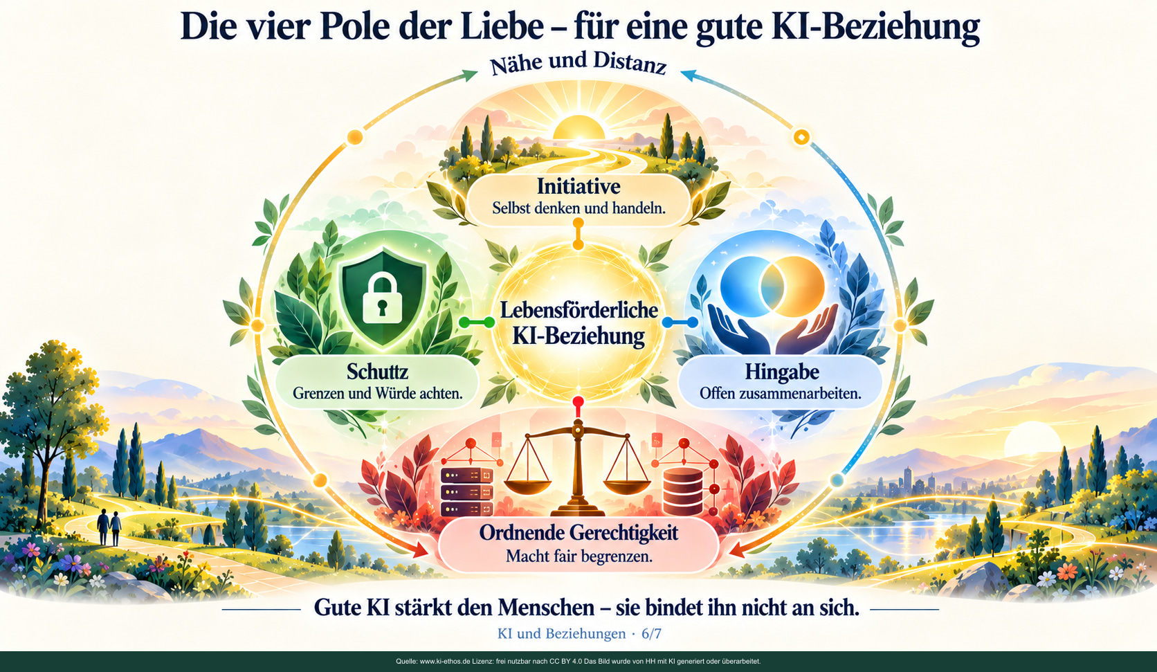 Die vier Pole der Liebe Initiative, Schutz, Hingabe und ordnende Gerechtigkeit um eine lebensförderliche KI-Beziehung; darüber Nähe und Distanz. Die vier Pole der Liebe Initiative, Schutz, Hingabe und ordnende Gerechtigkeit um eine lebensförderliche KI-Beziehung; darüber Nähe und Distanz.