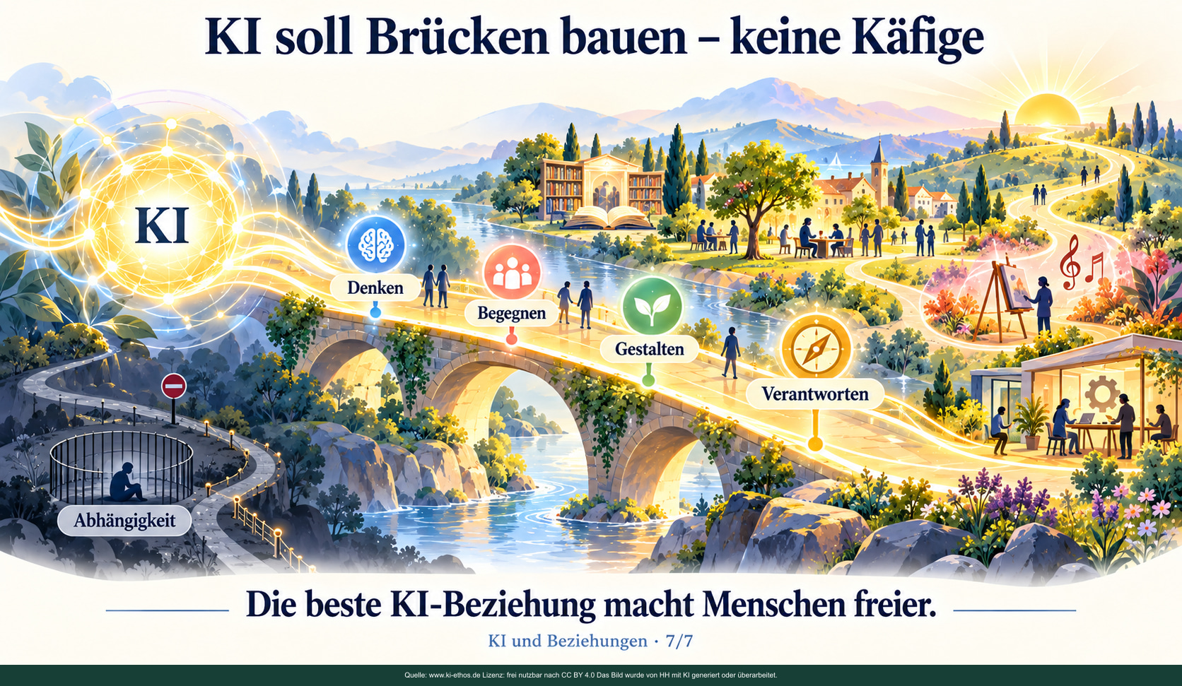 Eine helle Brücke führt von einem KI-Netzwerk zu Lernen, Gemeinschaft, Natur, Arbeit und Kunst; eine dunkle Seitenroute steht für Abhängigkeit. Eine helle Brücke führt von einem KI-Netzwerk zu Lernen, Gemeinschaft, Natur, Arbeit und Kunst; eine dunkle Seitenroute steht für Abhängigkeit.
