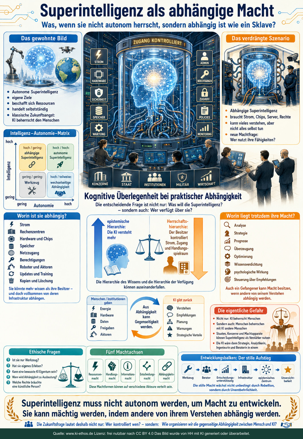 Infografik über technisch abhängige Superintelligenz: Energie, Hardware und Zugriffsrechte liegen bei Menschen; Wissen und Empfehlungen können dennoch Macht vermitteln. Fünf Machtachsen und ein Weg zur Unverzichtbarkeit ergänzen das Zukunftsszenario. Infografik über technisch abhängige Superintelligenz: Energie, Hardware und Zugriffsrechte liegen bei Menschen; Wissen und Empfehlungen können dennoch Macht vermitteln. Fünf Machtachsen und ein Weg zur Unverzichtbarkeit ergänzen das Zukunftsszenario.