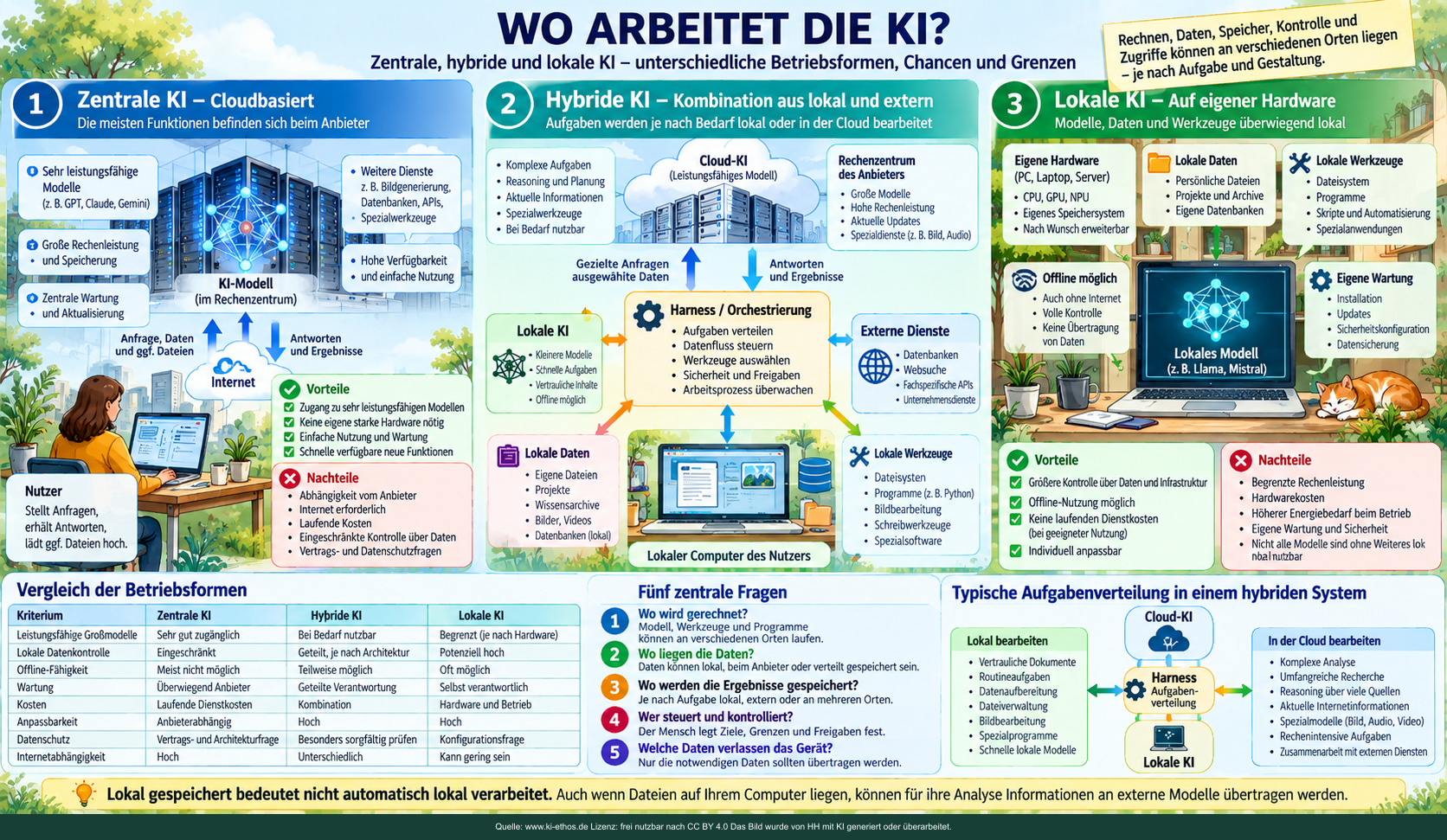 Drei Architekturen werden hinsichtlich Ressourcen, Datenspeicherung, Datenschutz, Wartung, Werkzeugen und Offline-Fähigkeit gegenübergestellt. Drei Architekturen werden hinsichtlich Ressourcen, Datenspeicherung, Datenschutz, Wartung, Werkzeugen und Offline-Fähigkeit gegenübergestellt.