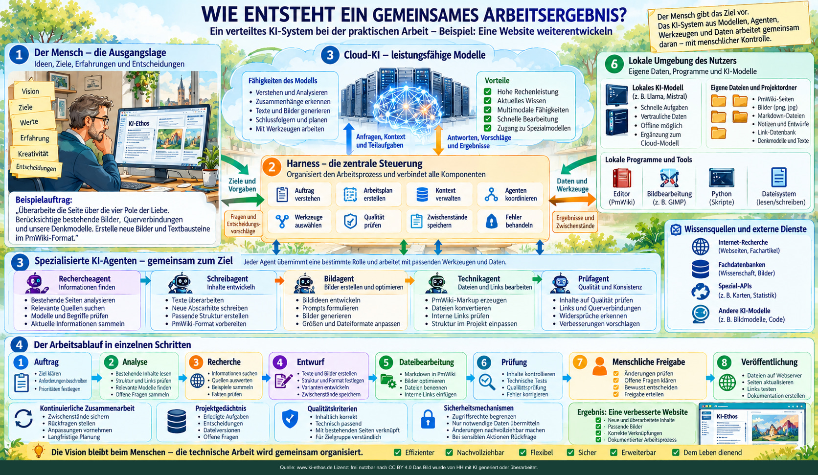 Ein Praxisbeispiel verbindet Menschen, Cloud-Modelle, Harness, lokale Programme, Projektarchive, Agenten, Prüfungen und Veröffentlichung. Ein Praxisbeispiel verbindet Menschen, Cloud-Modelle, Harness, lokale Programme, Projektarchive, Agenten, Prüfungen und Veröffentlichung.
