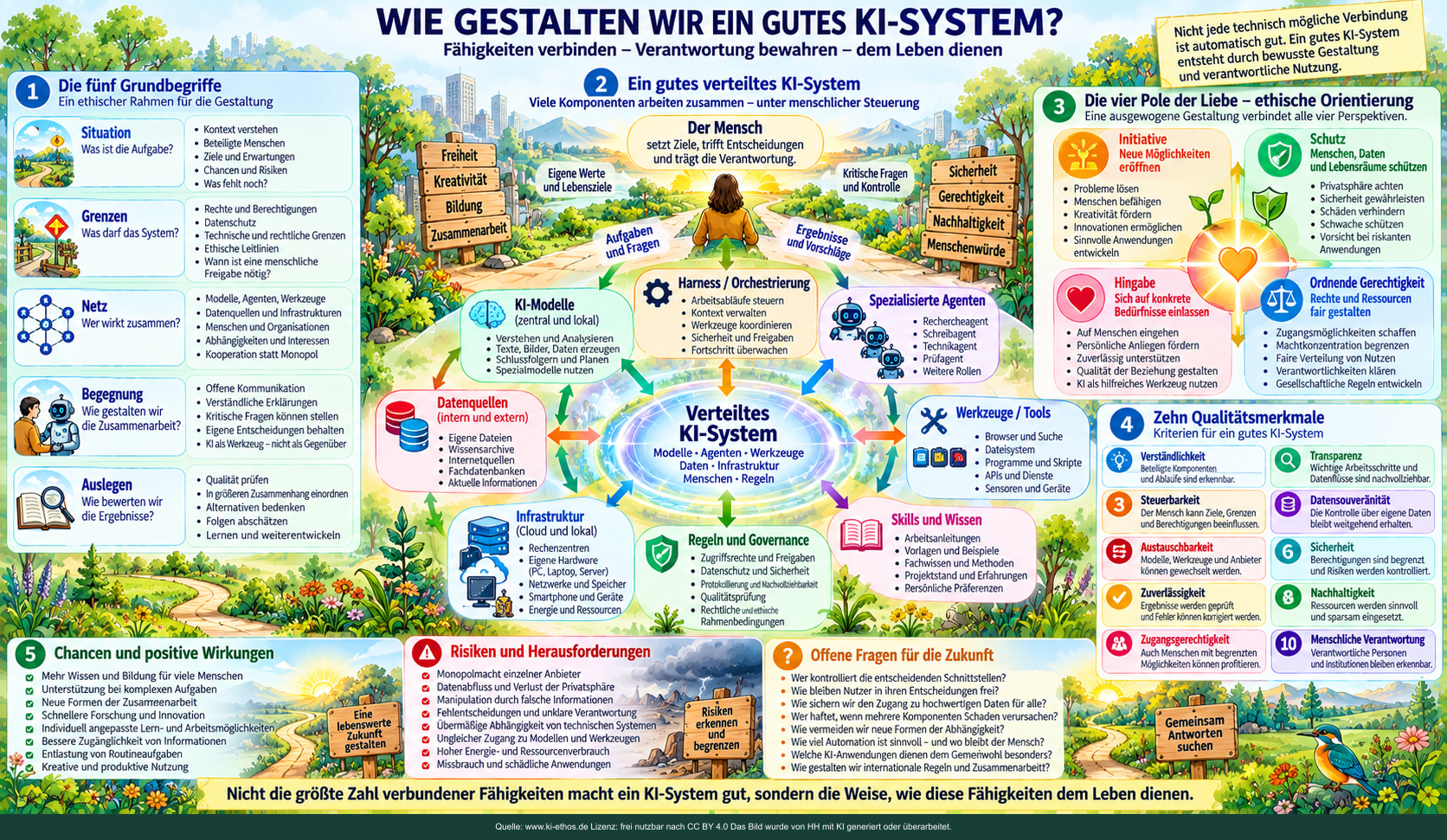 Ein zusammenfassendes Poster verbindet verteilte Systemarchitektur mit den fünf Grundbegriffen, den vier Polen der Liebe und zehn Qualitätskriterien. Ein zusammenfassendes Poster verbindet verteilte Systemarchitektur mit den fünf Grundbegriffen, den vier Polen der Liebe und zehn Qualitätskriterien.