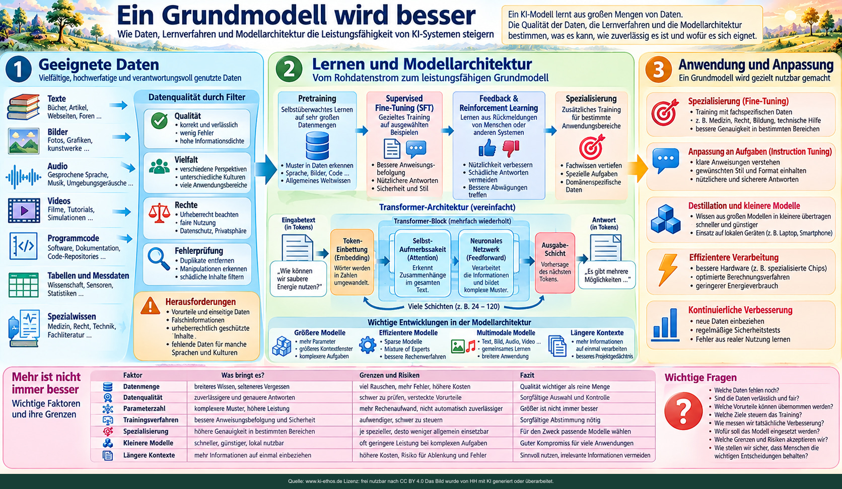 Ein Diagramm erklärt Datenqualität, Training, Transformer-Architektur, spezialisierte Modelle und Destillation. Ein Diagramm erklärt Datenqualität, Training, Transformer-Architektur, spezialisierte Modelle und Destillation.