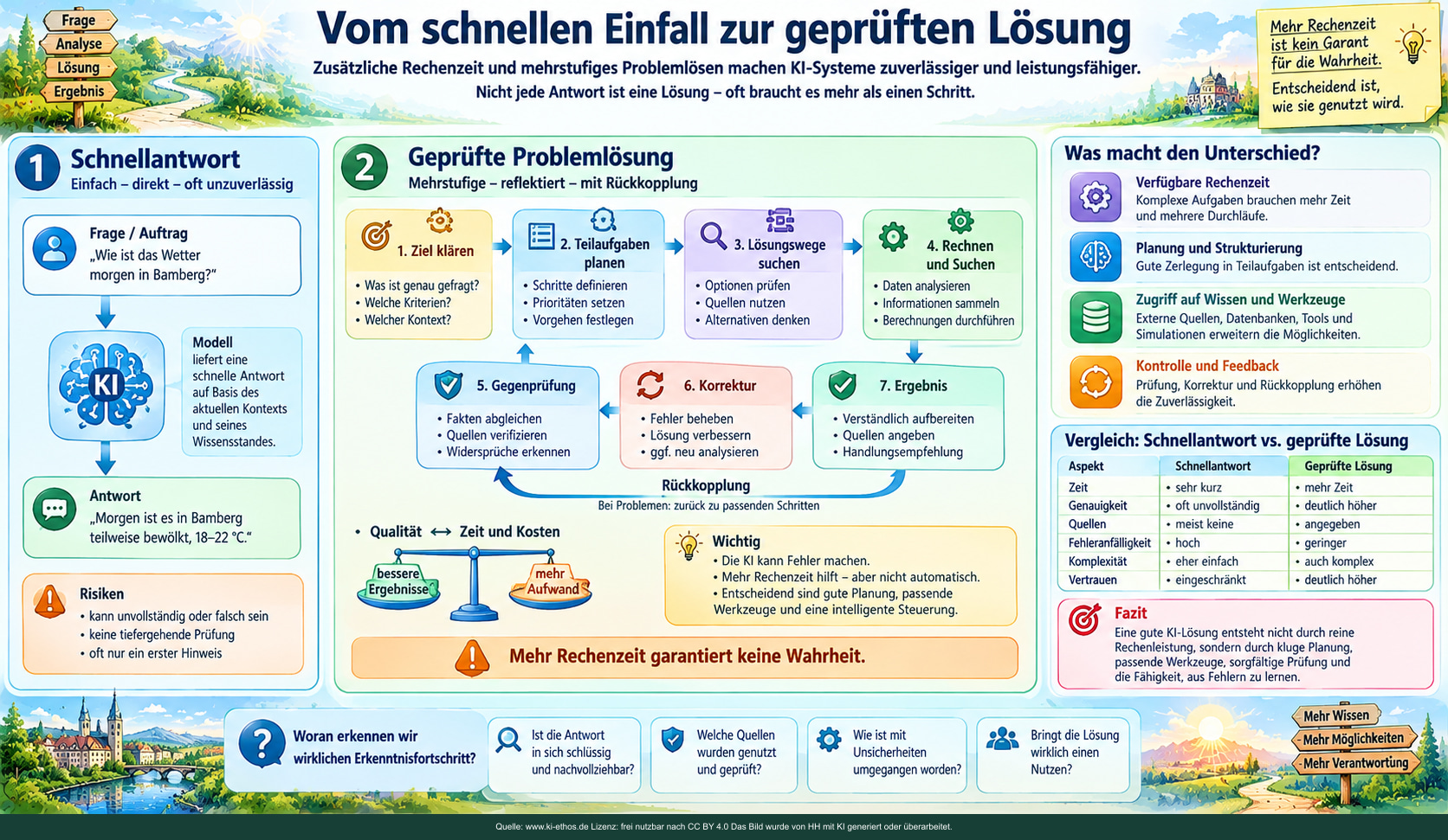 Vergleich einer direkten KI-Antwort mit einem strukturierten Arbeitsprozess aus Planung, Recherche, Prüfung und Rückkopplung. Vergleich einer direkten KI-Antwort mit einem strukturierten Arbeitsprozess aus Planung, Recherche, Prüfung und Rückkopplung.