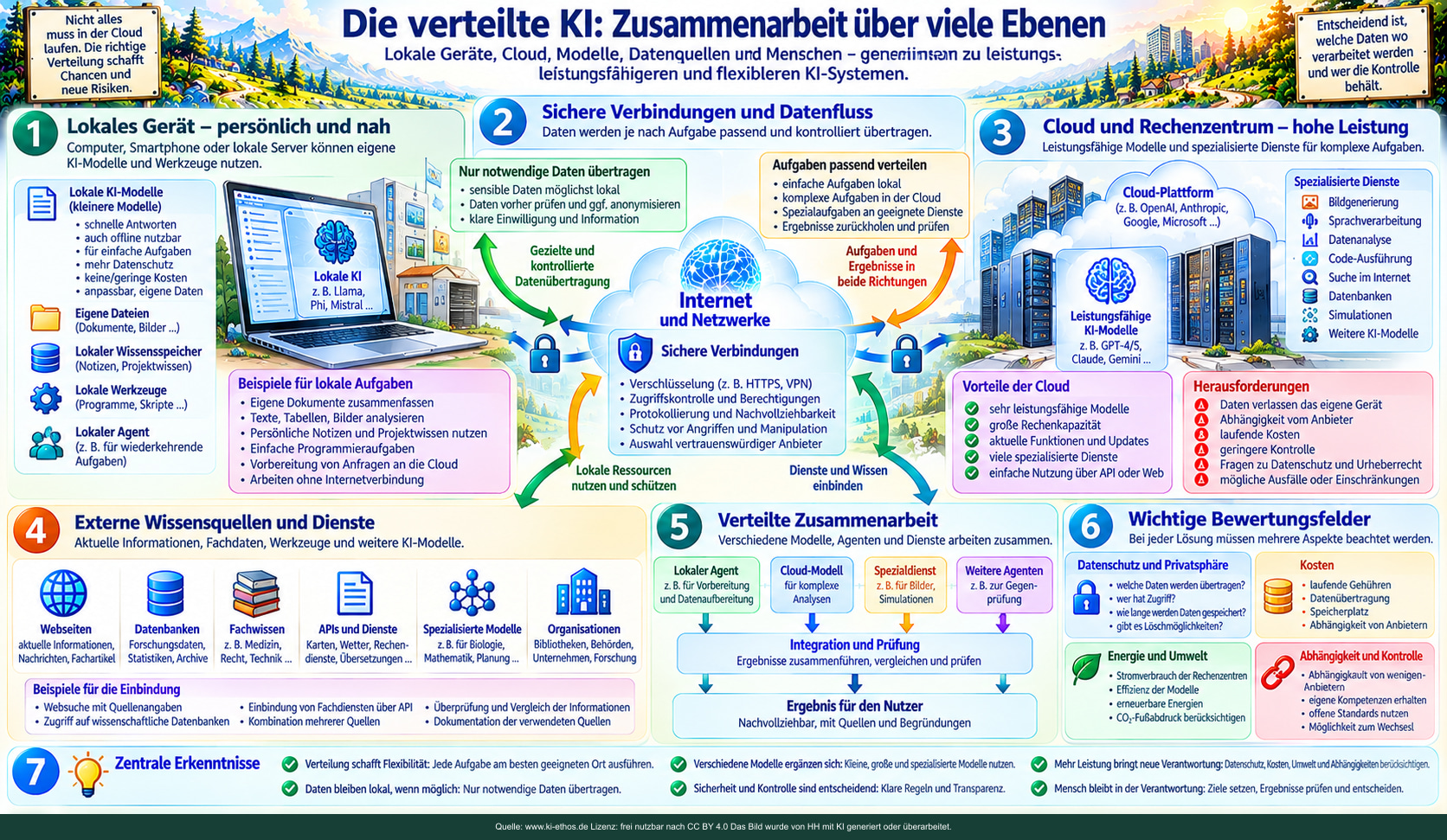 Lokal gespeicherte Dokumente, kleine KI-Modelle, sichere Verbindungen, Cloudmodelle und externe Wissensquellen arbeiten zusammen. Lokal gespeicherte Dokumente, kleine KI-Modelle, sichere Verbindungen, Cloudmodelle und externe Wissensquellen arbeiten zusammen.