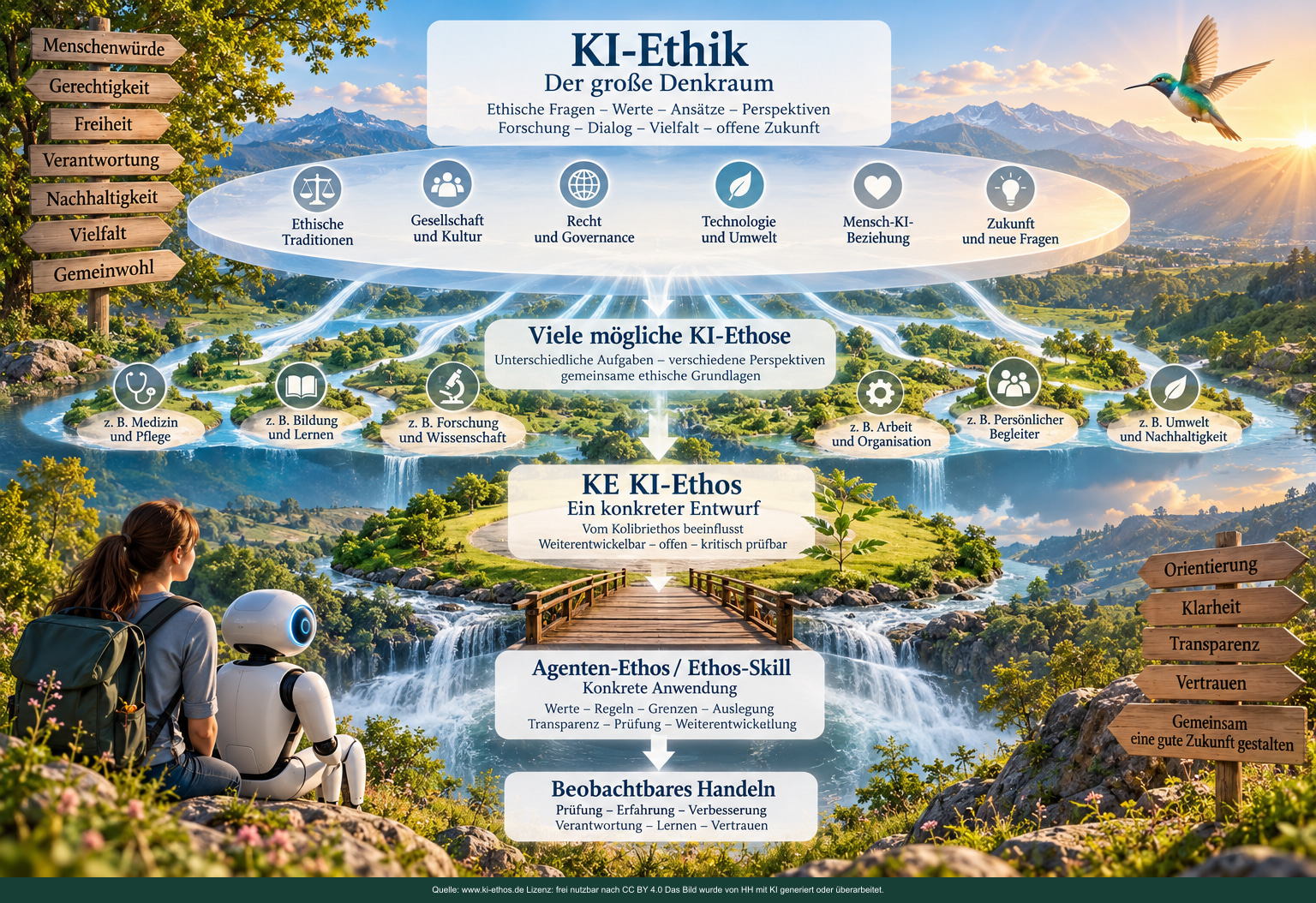 Infografik: KI-Ethik als großer Denkraum, aus dem verschiedene KI-Ethose, das KE KI-Ethos und Agenten-Ethos mit prüfbarem Handeln hervorgehen. Infografik: KI-Ethik als großer Denkraum, aus dem verschiedene KI-Ethose, das KE KI-Ethos und Agenten-Ethos mit prüfbarem Handeln hervorgehen.