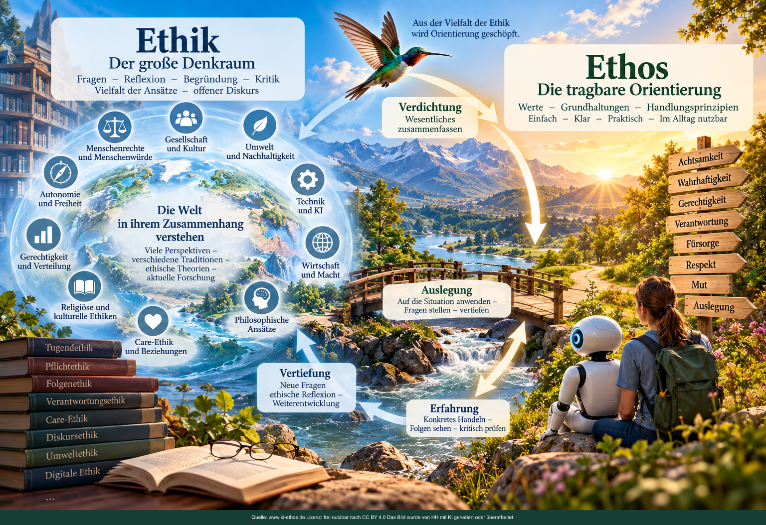 Infografik: Ethik als großer Denkraum und Ethos als tragbare Orientierung, verbunden durch Verdichtung, Auslegung, Erfahrung und Vertiefung. Infografik: Ethik als großer Denkraum und Ethos als tragbare Orientierung, verbunden durch Verdichtung, Auslegung, Erfahrung und Vertiefung.