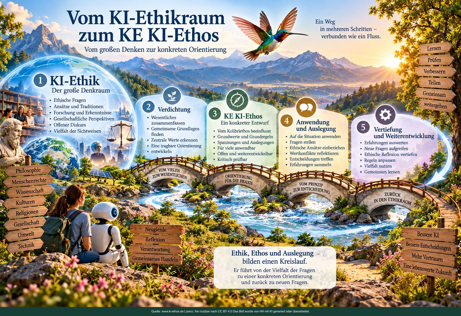 Infografik mit fünf Schritten: KI-Ethik, Verdichtung, KE KI-Ethos, Anwendung und Auslegung, Vertiefung und Weiterentwicklung. Infografik mit fünf Schritten: KI-Ethik, Verdichtung, KE KI-Ethos, Anwendung und Auslegung, Vertiefung und Weiterentwicklung.
