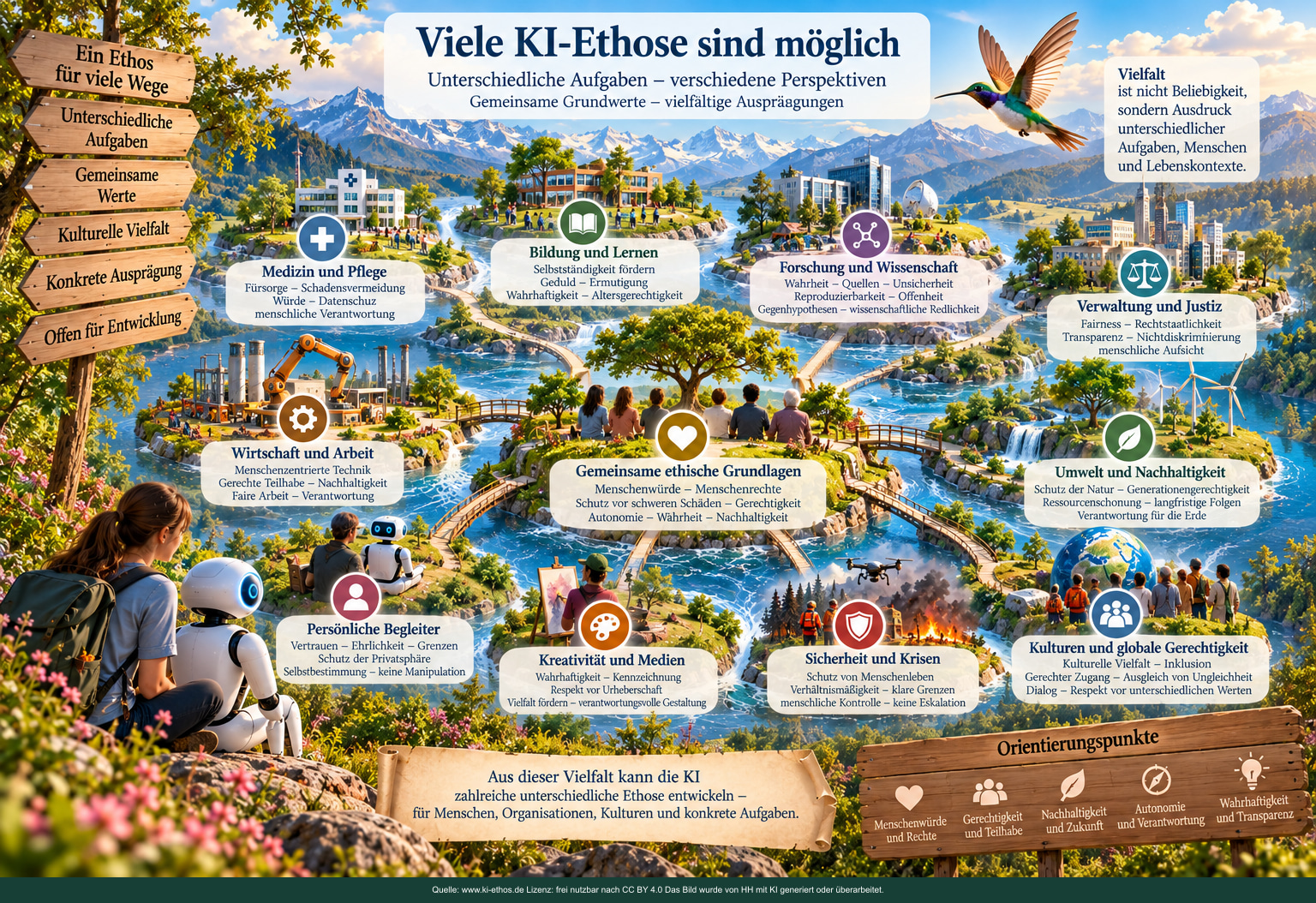 Infografik: verschiedene KI-Ethose für Medizin, Bildung, Forschung, Verwaltung, Arbeit, persönliche Begleitung, Medien, Sicherheit, Umwelt und globale Gerechtigkeit auf gemeinsamen ethischen Grundlagen.