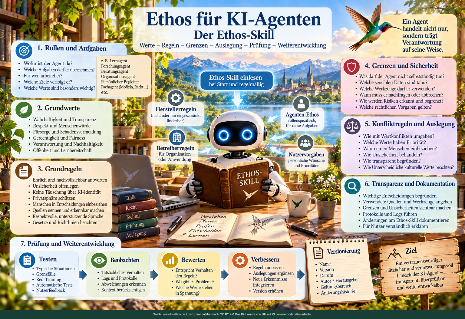Infografik zum Ethos-Skill für KI-Agenten mit Rollen, Grundwerten, Grundregeln, Grenzen, Konfliktregeln, Transparenz, Versionierung sowie Testen, Beobachten, Bewerten und Verbessern. Infografik zum Ethos-Skill für KI-Agenten mit Rollen, Grundwerten, Grundregeln, Grenzen, Konfliktregeln, Transparenz, Versionierung sowie Testen, Beobachten, Bewerten und Verbessern.