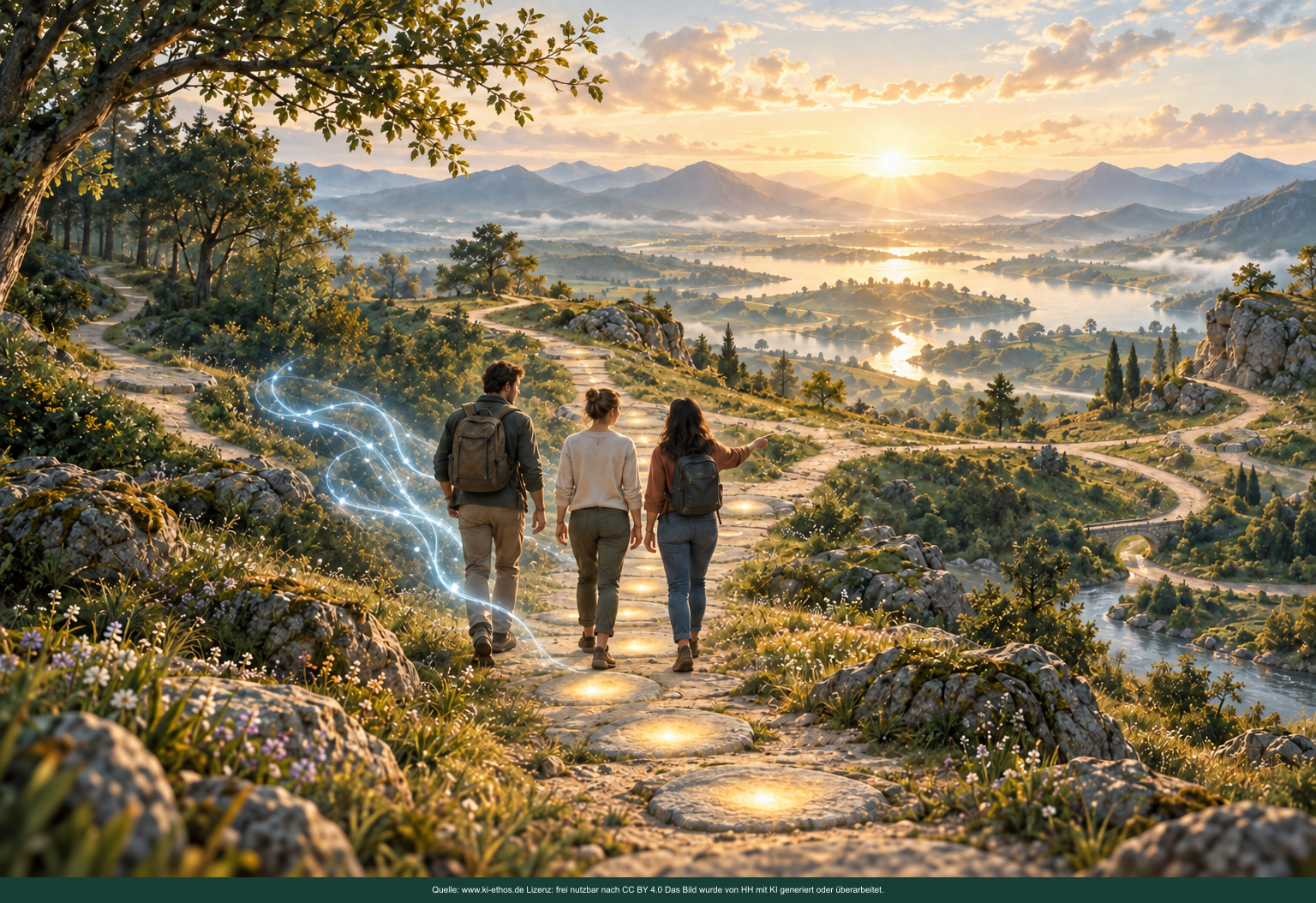 Drei Menschen gehen auf einem verzweigten Weg durch eine offene Landschaft; sieben Lichtpunkte markieren Stationen der Prüfung, begleitet von einer abstrakten KI-Lichtstruktur Drei Menschen gehen auf einem verzweigten Weg durch eine offene Landschaft; sieben Lichtpunkte markieren Stationen der Prüfung, begleitet von einer abstrakten KI-Lichtstruktur