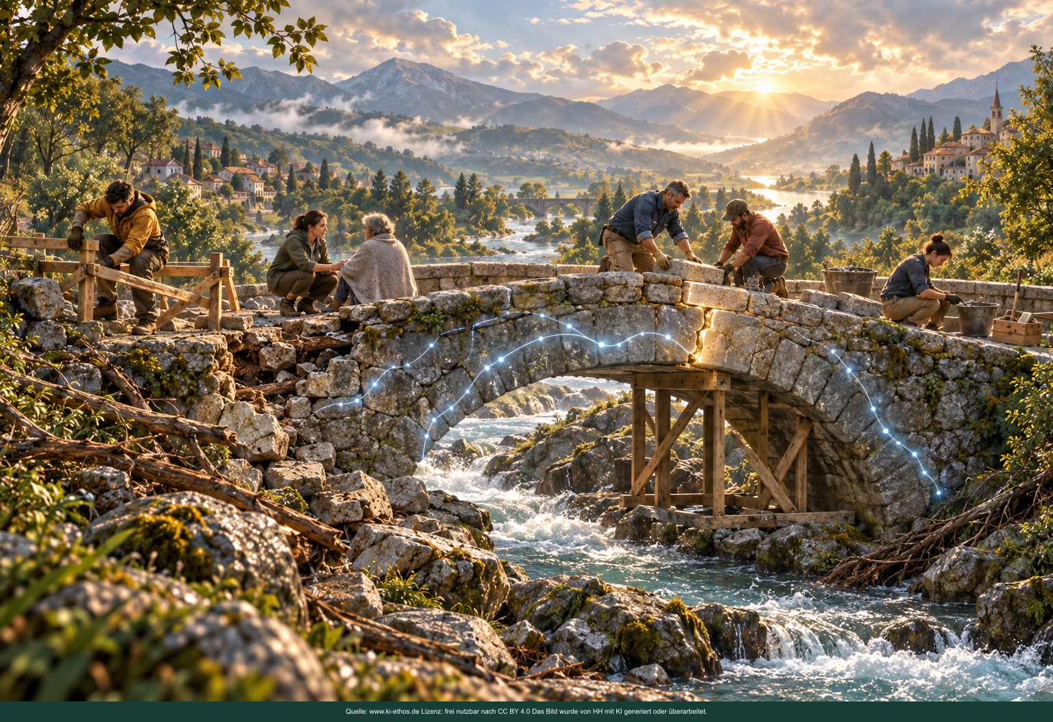 Menschen sichern und reparieren gemeinsam eine beschädigte Steinbrücke; eine sichtbare goldene Naht bewahrt die Erinnerung an den Bruch, während eine abstrakte KI-Lichtlinie weitere Schäden erkennen hilft Menschen sichern und reparieren gemeinsam eine beschädigte Steinbrücke; eine sichtbare goldene Naht bewahrt die Erinnerung an den Bruch, während eine abstrakte KI-Lichtlinie weitere Schäden erkennen hilft