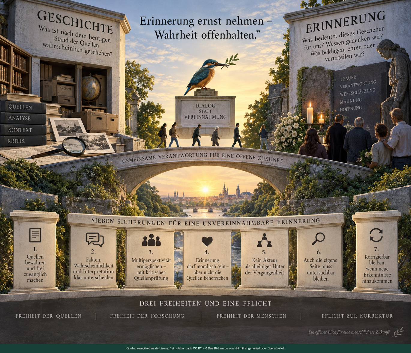 Bildhafte Übersicht zu Geschichte und Erinnerung: Quellen und Analyse, Dialog statt Vereinnahmung, sieben Sicherungen sowie drei Freiheiten und eine Korrekturpflicht Bildhafte Übersicht zu Geschichte und Erinnerung: Quellen und Analyse, Dialog statt Vereinnahmung, sieben Sicherungen sowie drei Freiheiten und eine Korrekturpflicht