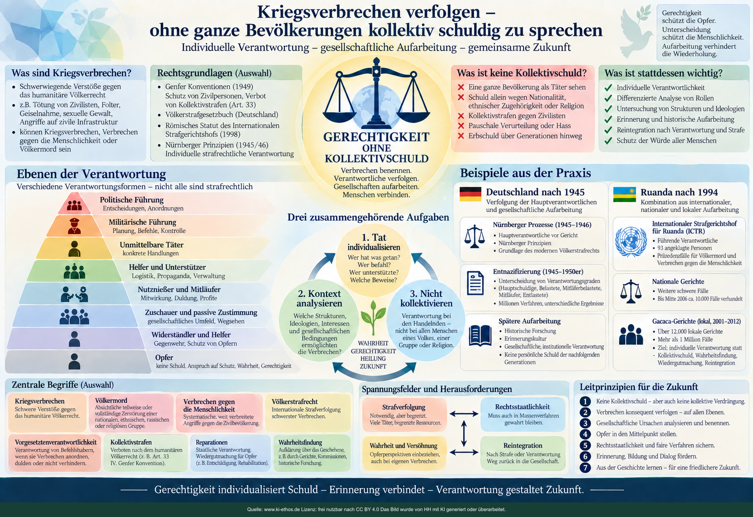 Infografik zu Kriegsverbrechen, individueller Verantwortung und gesellschaftlicher Aufarbeitung: Rechtsgrundlagen, Verantwortungsebenen, Deutschland nach 1945, Ruanda nach 1994 und Leitprinzipien gegen Kollektivschuld Infografik zu Kriegsverbrechen, individueller Verantwortung und gesellschaftlicher Aufarbeitung: Rechtsgrundlagen, Verantwortungsebenen, Deutschland nach 1945, Ruanda nach 1994 und Leitprinzipien gegen Kollektivschuld